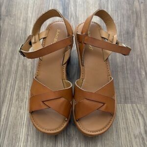 Bamboo Women's Wedge Tan Sandals. Size 5.5